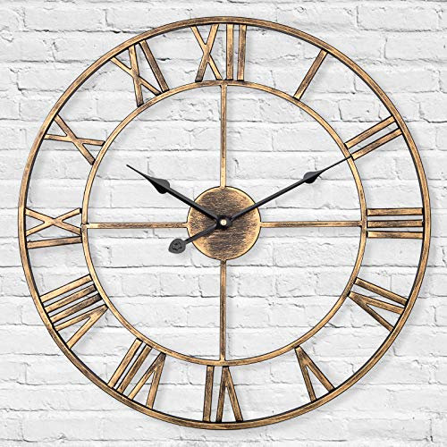 LENAUQ Silent Metal Skeleton Wall Clock, 60cm European Farmhouse Vintage Clock with Roman Numeral, Non-Ticking Battery Operated Hanging Wall Clock for Home Kitchen Cafe Hotel Office Decor(Gold)