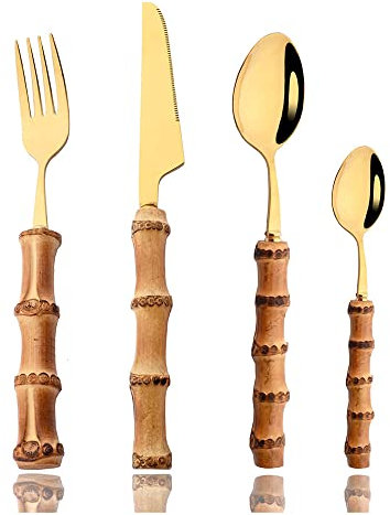 Ensemble d'argenterie en bambou pour 12 personnes, 48 pièces en acier inoxydable 18/8 doré, ensemble de couverts avec manche en bambou naturel, ustensiles de cuisine ménagers, passe au lave-vaisselle