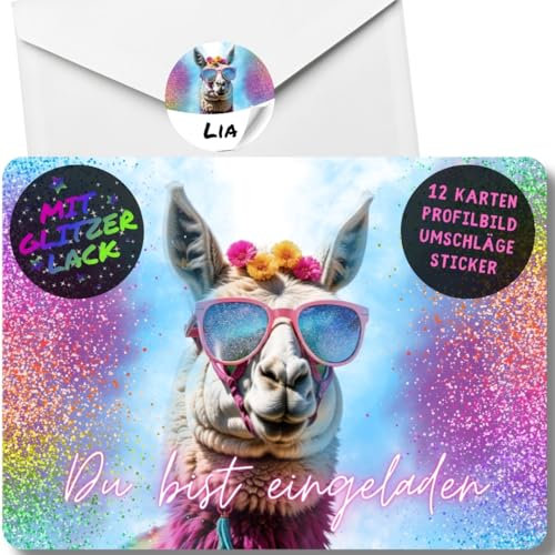 celebr8te 12x Party Lama Glitzer Einladungskarten - Für den Kindergeburtstag von Mädchen - Lustige Alpaka Geburtstagseinladungen +12 Umschläge +12 Sticker