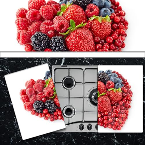Pannello Copri Piano Cottura Induzione Fornelli Piastra Tagliere | Fruits Heart 2 | 52x75 cm | per 5 Fuochi | da Cucina | in Vetro Temprato | 2 Pezzi