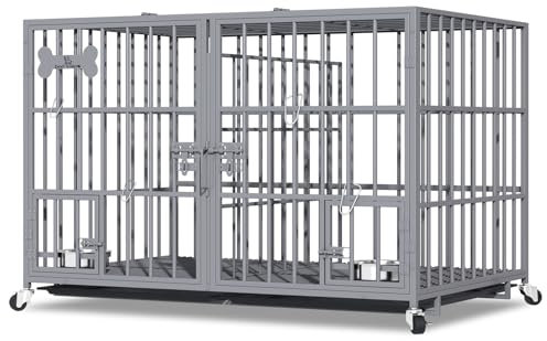 Hundekäfig, Hundebox mit Bodenschale, Hundekäfig mit Trennwand, Hundegitterbox mit 2 Türen und Tablett, 2 in 1 Doppelbox Hundegitterbox für Große und mittlere Hunde, 107 x 73 x 69 cm, Silbrig