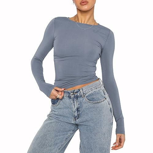 Mujeres Casual Crop Tops Slim Fit Top Cuello Redondo Manga Larga T-Shirt Basic Blusa tee Tops(Gray Blue-8,XL)