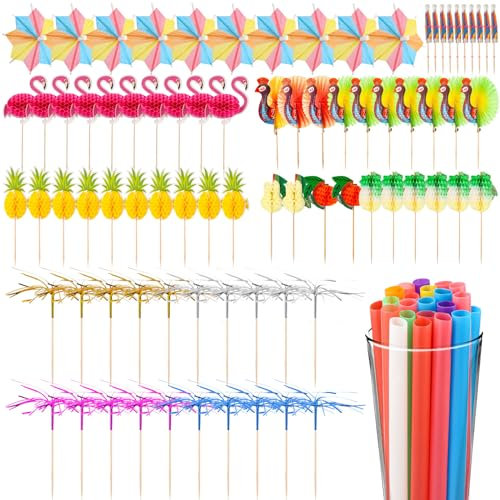 100 Stück Cocktail Deko, Cocktail Spieße mit 20 Cocktailschirmchen, 20 Feuerwerk Sticks, 20 Cocktail Strohhalme Plastik und 40 Cocktail Sticks für Sommer Party Bar Getränke Kuchen Deko