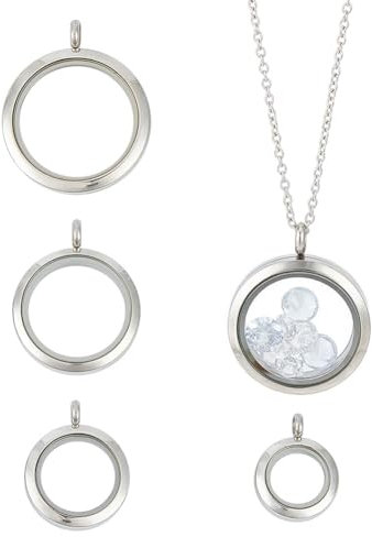 DELORIGIN 4 Stück Foto Medaillon Charms Halskette Runde Edelstahl Medaillon Anhänger Kristall Doppelseitiger Bilderrahmen Memory Medaillon Charm mit 45cm Kette für Hochzeit Schmuck Making Foto