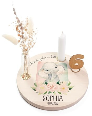 Nord-Kind® Geburtstagsteller personalisiert – Elefant 2 | Personalisiert aus Buchenholz, inkl. Kerze, Vase, Zahlen und Haltern; 20 cm.