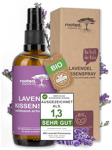 rooted.® Lavendelspray 100ml [100% ECHTES BIO-LAVENDELÖL] - Lavandula Angustifolia - wohltuend, erholsam & sanft - Premium Lavendel Spray - Ideal als Kissenspray, Schlafspray - Sleep Spray