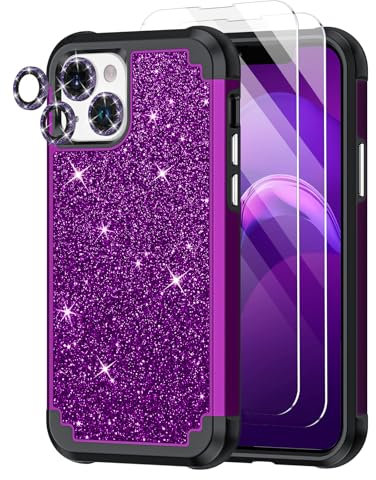 Petocase for iPhone 13 Case Shockproof Three Layer Heavy Duty Rugged Hybrid Full Body Drop Protective Cute Glitter Bling Sparkly Cover Women Girls Case for Apple iPhone 13 2021,Shiny Dark Purple