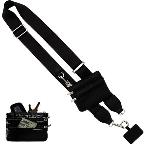SEAHUI Phone Strap with Zippered Pouch and Clip, Adjustable Crossbody Phone Chain Purse Badge Holder Wallet (Black)