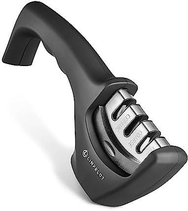 LINFELDT® Messerschärfer mit 3 Stufen - Manuell & Rutschfest Profi Keramik Wolfram Diamant - manueller Messerschleifer - Knife Sharpener Messer schärfen Schwarz