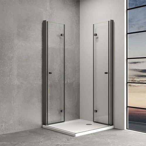 IMPTS Duschkabine 75x90 cm Falttür Eckeinstieg Schwarz Doppel Falttüren Duschtüren 180º Eckig Faltbar Dusche Duschwand Duschabtrennung 6mm Sicherheitsglas, Höhe 185cm