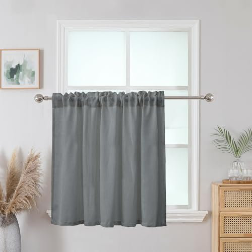 CUCRAF 1er Set Natur Leinen Scheibengardine Bistrogardine Küchengardinen Grau Halb Transparent Stores Gardine Fenster Leinenvorhang Gardinenschal