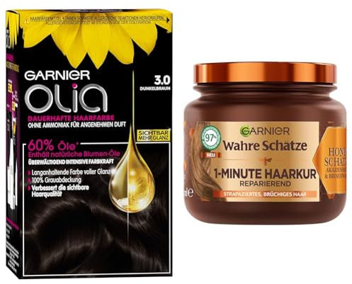 Garnier Colorations- & Pflegeset: Olia 3.0 Dunkelbraun Dauerhafte Haarfarbe + Reparierende Haarkur (340ml) | Mit Akazienhonig & Bienenwachs für Glanz & Geschmeidigkeit | Ohne Ammoniak