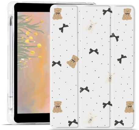 JOYLAND Cute Bear Bowknot Case for 10.9 Inch iPad 2022/10th Gen with Pencil Holder, Auto Wake/Sleep Aesthetic Shockproof Trifold Stand White Girly Case for Girls Kids