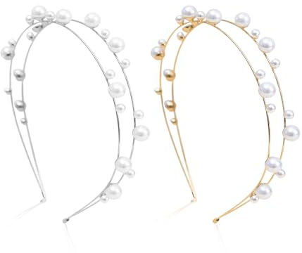 EPCDBBRT 2 Pieces Double Layer Pearl Headbands, Gold & Silver, 12.5Cm, Elegant Hair Accessories