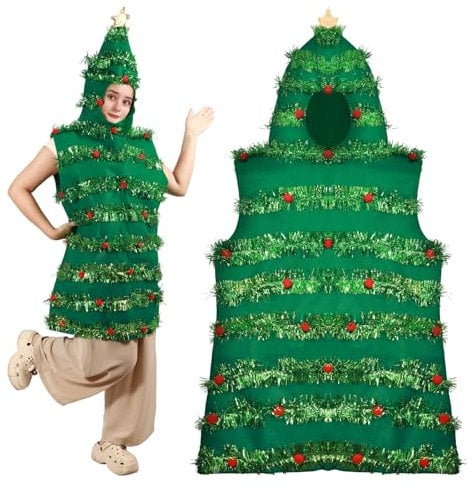Christmas Tree Dress Costume for Women, Adults Xmas Tree Cosplay Outfit, Funny Hooded Sleeveless Poncho Halloween Props