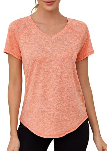 Gyabnw Women's Sports T-Shirt Short Sleeve Gym Yoga Top Quick Dry Reflective Design V-Neck Loose Fit Fitness Clothing Orange