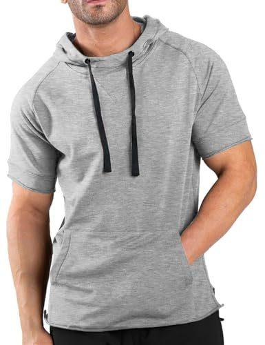 COOFANDY Men's Short Sleeve Hoodies Casual Workout Gym Tops Outdoor Athletic T-Shirts With Pockets Grey XL