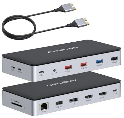 14 in 2 USB C Laptop Docking Station for MacBook Pro Air with Triple Different Display, Dual Monitor 4K@60Hz Multiport Type C Adapter, 2 HDMI & DP, USB C/A Port, PD, Ethernet, SD/TF, Audio/Mic