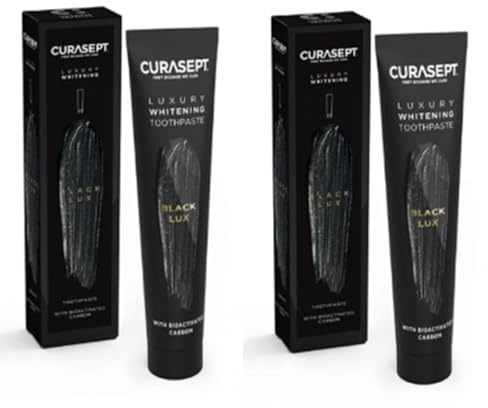 Curasept Luxury Whitening Black – 2 Packungen à 75 ml – mit Aktivkohle und Wasserstoffperoxid – geschützter Nagellack, weißes und strahlendes Lächeln