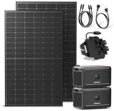 Solakon® 900W Balkonkraftwerk mit Speicher - Balkonkraftwerk 800W komplett Steckdose - neuester 800 Watt Wechselrichter - Growatt NOAH 2000 mit 4 kWh - 450W bifaziale Solarmodule - 5m Kabel