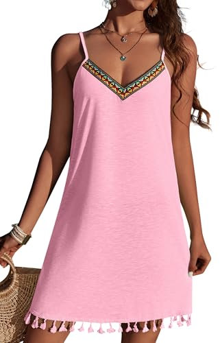 AI'MAGE Robe De Plage Femme Sexy V-Cou Bikini Cover Up Plage Vacances en été Maillot De Bain Style Boho Robe Femme Tunique Rose XXL