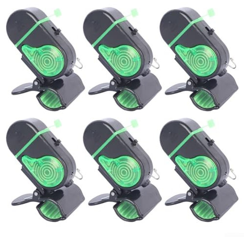 Fauhapyway Lot de 6 alarmes de pêche électroniques avec lumières clignotantes pour canne à pêche de nuit, cloche stable, flash vert, flash unique noir (plastique noir)