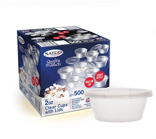 FR Enterprises Satco 2oz Reusable Plastic Sauce Cups with Lids | Small Portion Pots for Dips, Sauces & Dressings | Leakproof Clear Food Containers for Takeaway, Meal Prep & Catering (Pack of 200)