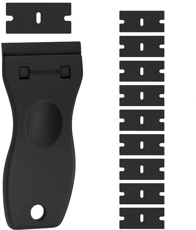 PARAHON Plastic Scraper with Blades | Multipurpose Non-Scratch Scrapers Tool Kit for Cleaning Labels, Decals, Stickers, Adhesive, Paint, Glass, Car Windows (1 Scraper with 10 Blades)