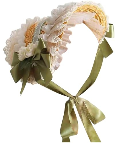 Obelunrp Victorian Hats for Women, Straw Woven Tea Party Hat with Lace Brim, Bow & Chin Ribbon, Lolita Hats for Girls Cosplay Green