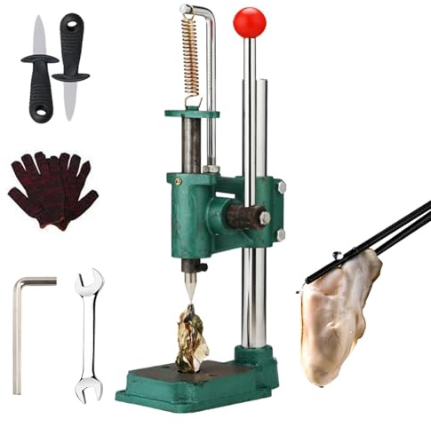 Heavy Duty Oyster Shell Opener, Opener Tool Set with 2 Oyster Knives 1 Glove, Stroke Adjustment, Labor Saving Handle, Cast Base, Machine Pressure: 150kg