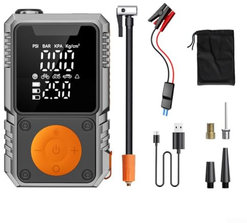 Avviatore di emergenza per auto da 7200 mAh e pompa compressore d'aria da 150 PSI con display LCD e impostazioni di pressione regolabili (4 x 1500 mAh)