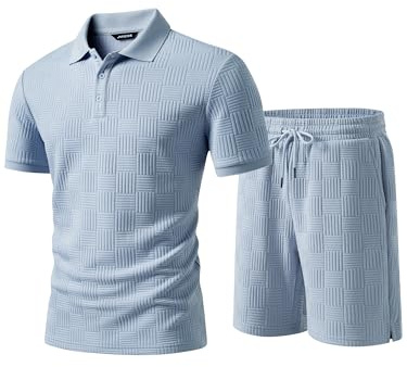 JMIERR Trainingsanzug Herren 2 Teiler Sommer Outfit Set | Casual Textured Jogginganzug,Atmungsaktiv,Poloshirt mit Shorts,Zweiteiler Herren Kurz,Streetwear Tracksuit Sets