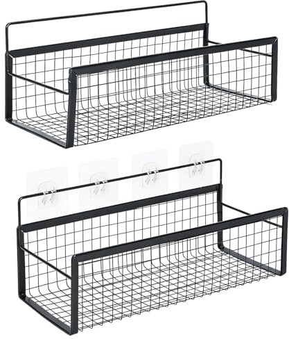 Black Metal Wire Wall Basket 2 Pack, Self-Adhesive No Drilling Wall Mounted Organiser for Shower Toiletries Kitchen Spices Fruit & Pantry Items