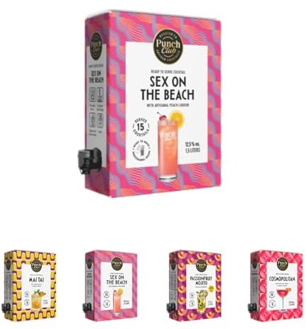 Punch Club Premium Craft Cocktail Auswahl - Ready to Serve - Von Champion-Mixologen entwickelt - 500ml Glasflasche oder 1,5L Bag-in-Box Vorratspack (Cocktail 1,5L Sex on the Beach)