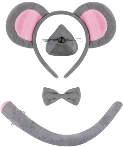 Kecartu 4 Pieces Cute Mouse Costume Set, Animal Fancy Dress Up Set, Mouse Ears Headband, Nose, Tail and Bow Tie, Rat Costume Accessories for Halloween, Christmas Cosplay Party for Adults