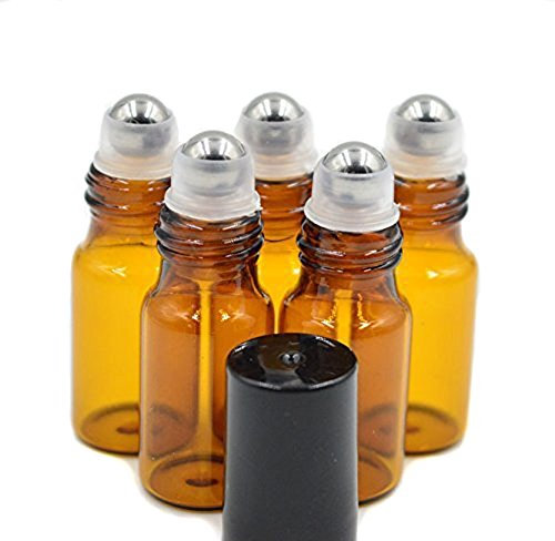 24PCS 5ml/0.17oz Bernstein leere Glasrollenflasche Roll-on-Flasche Flasche Container Halter Topfglas mit Metallrollenkugel und schwarzen Kappen für ätherische Öl Parfüme Lippen Glanz Balsam