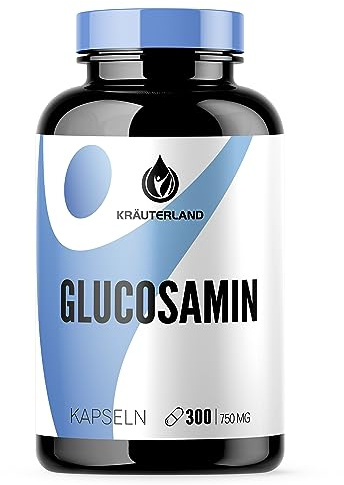 Kräuterland Glucosamin Kapseln - 300 Kapseln, hochdosiert je 750mg, Tagesdosis 1500mg - 100% reines Glucosaminsulfat Pulver in Premium Qualität