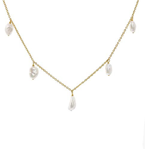 Secret & You Collier à Pendentif avec Cinq Perles de Culture d'eau Douce, Forme Baroque de Keshi 7-8 et 9-10 mm - Chaîne et Pendentif en Argent Sterling 925 Plaqué Rhodium ou Or 18k 38 à 45 cm