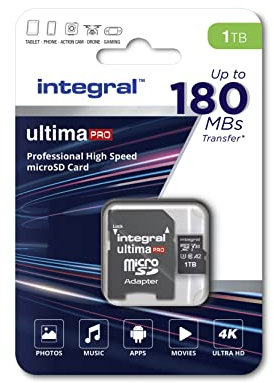 Integral 1TB Carte Micro SD 4K Video Vitesse de Lecture 180MB/s et Vitesse d'Ecriture 150MB/s MicroSDXC A2 C10 U3 UHS-I 180-V30 Notre Carte Mémoire Micro SD Haute Vitesse la Plus Rapide