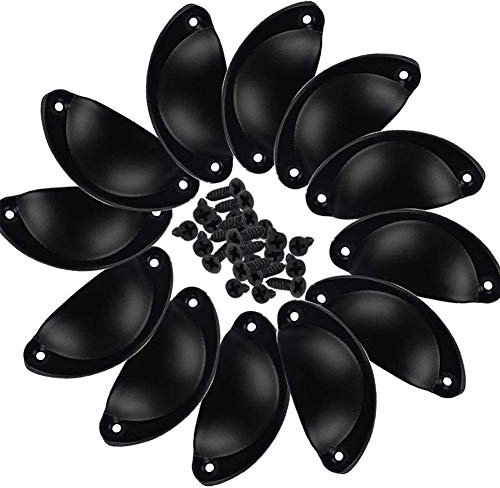 Poignée de Coquille, NALCY Bouton de Porte de Demi-Cercle en Fer Vintage, Rétro Poignee de Meuble,Fer Incurvé Bouton de Porte de Placard Retro, 82mm, Avec Vis (12 Pièces, Noir)