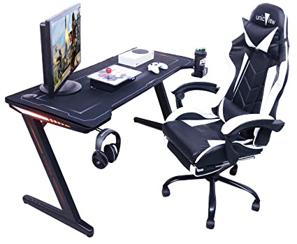 Unicview Escritorio Gaming 140 cm x 60 cm, Mesa para Ordenador Consola PS5, Xbox Series, pies de Acero, RGB LED, Base de alfombras, Rejilla para Recoger Cables