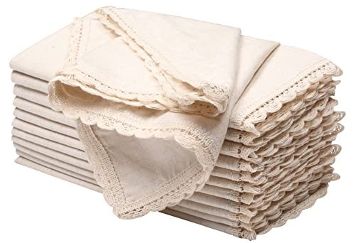 Stoffservietten aus Flachsleinen mit Spitze, Baumwolle, Abendessen, Hochzeit, Cocktail, Briefecken, maschinenwaschbar, 45,7 x 45,7 cm, Set mit 12 Stück
