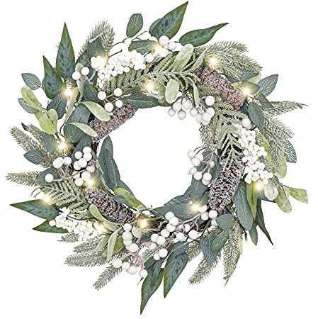 Valery Madelyn 18inch/45cm Light Up Christmas Wreath for Front Door, Pre Lit Christmas Wreath White and Silver, Xmas Reef with 20 LED Lights and Timer Function for Outdoor Christmas Decoration