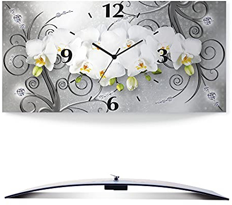 ARTLAND Wanddeko Wanduhr ohne Tickgeräusche Alu Quarzuhr lautlos 50x25 cm Rechteckig Blumenbilder Orchideen Abstrakt Kunst Blumen Ornamente U1QV
