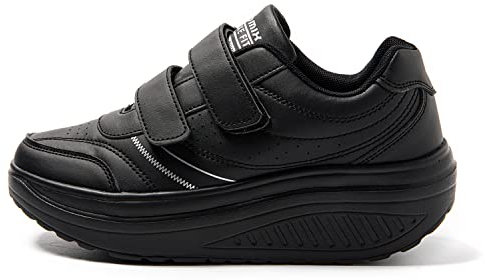 JOMIX Damen Sneaker Klettverschluss Sportschuhe Plateau Turnschuhe Laufschuhe Bequeme Abrollsohle Wippschuhe Abrollschuhe Fitness Gym Outdoor (03 Schwarz Klett, 36 EU)