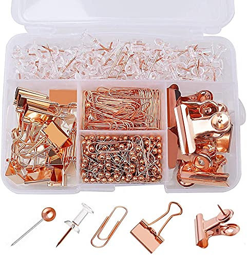 Tiardey 500 PCS Rose Gold Office Papeterie, épingles de Carte + punaises Transparentes + Trombones + Pinces à Reliure + Pinces en métal pour Le Bureau, l'école et la Maison Sup
