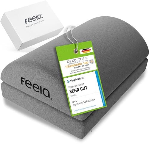 feela.® Fußstütze Schreibtisch [VERGLEICHSSIEGER] – Ergonomische Fußablage mit Premium Schaumstoffkern, rutschfest & höhenverstellbar – Fußhocker & Footrest fürs Büro & Homeoffice (Dunkelgrau)