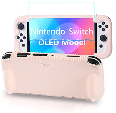 Teyomi Silicone Custodia compatibile con Nintendo Switch OLED modello 2021, Cover Nintendo Switch Oled con protettiva con accessori in vetro temperato, 2 scomparti per carte da gioco (rosa)