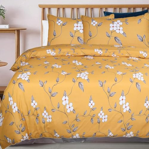 MOONLIGHT20015 Super King Duvet Set Soft Printed Luxury Bedding Sets Brushed Microfiber Duvet Covers with Pillowcases (Ochre Flower 260x220 CM)