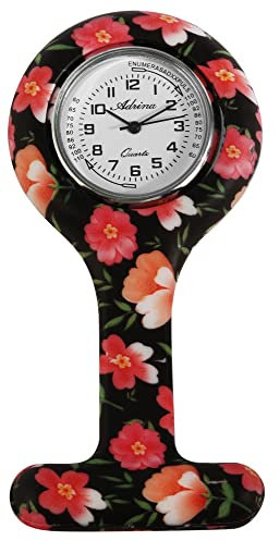 Adrina Unisex – Uhr Krankenschwesteruhr Silikon Ansteckuhr Analog Quarz 410000X (schwarz Blumen)